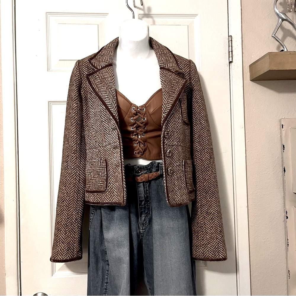 Abercrombie & Fitch Brown Chevron Pattern Wool Silk Tweed Fitted Blazer Sz M